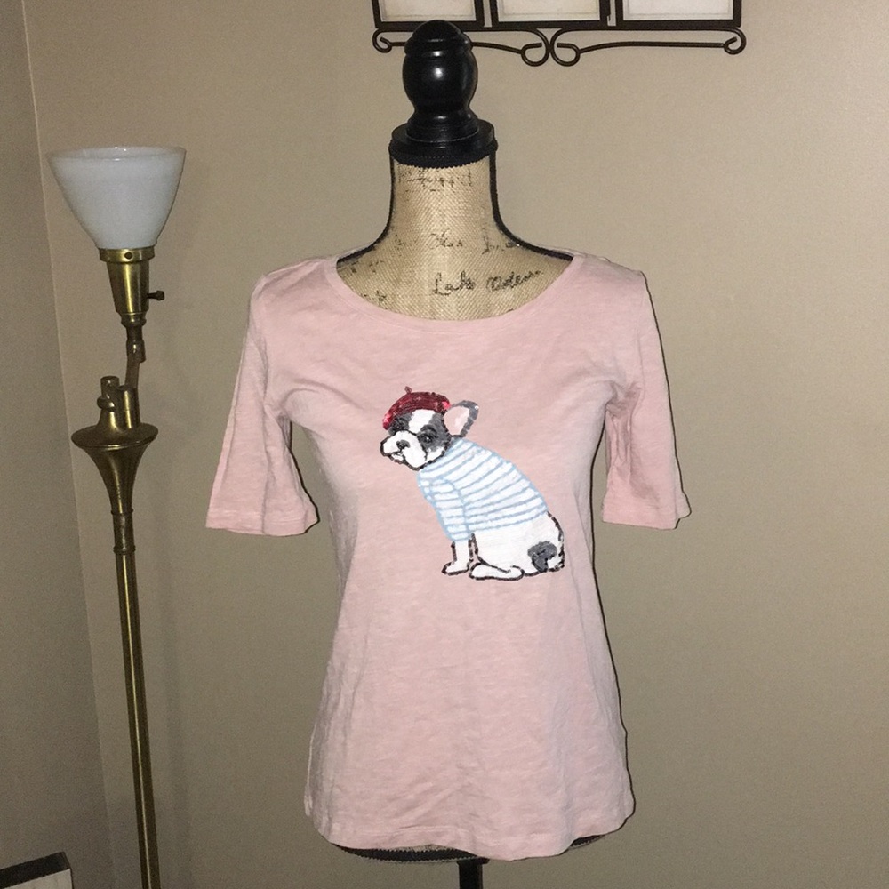 Talbots pink tee sequined French bulldog in beret